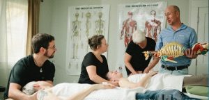 Kyle C. Wright Demonstrating to a Class of Advanced Bodywork Students of Medical Massage Therapy Near Asheville NC in Fairview